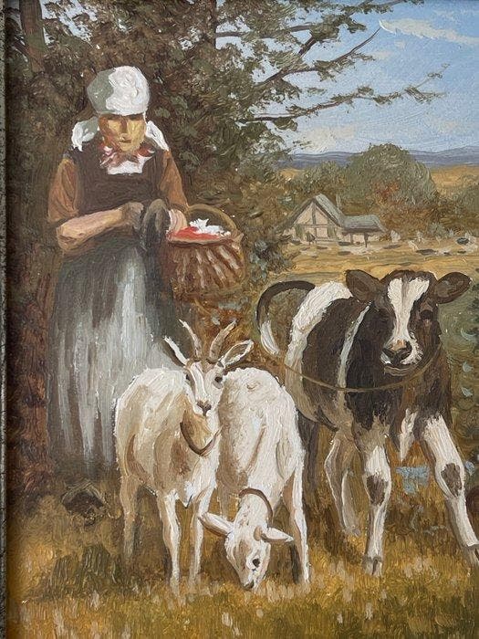Ludwig Schöngarth (1937-2003) - Boerin met koe en geiten, Antiek en Kunst, Kunst | Schilderijen | Klassiek