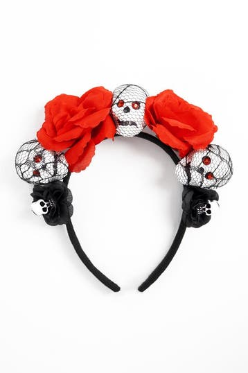 KIMU® Haarband Skull Rode Rozen Gaas Skelet Bloemen Diadeem, Ophalen of Verzenden, Nieuw, Halloween, Accessoires