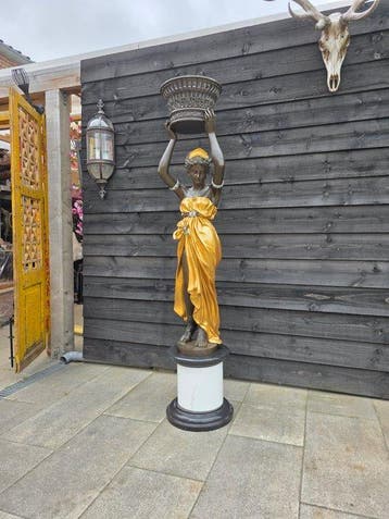 Beeld, XL - Handcrafted Bronze Lady with Planter - 189.5 cm, Antiek en Kunst