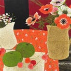 Yves Ganne (1931-2019) - Bouquets sur fond noir rouge et or.