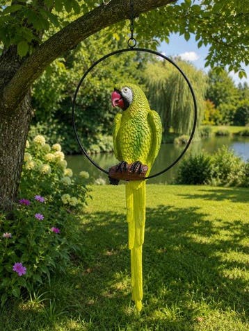 Beeld, life size colorful parrot in hoop - 68 cm - polyresin