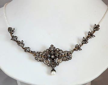 Borstornament - 15 karaat Geel goud, Zilver Parel - Diamant