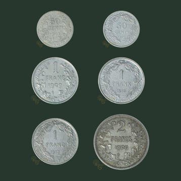 België. Leopold II. 50 Centimes, 1 & 2 Francs 1907 t/m 1913