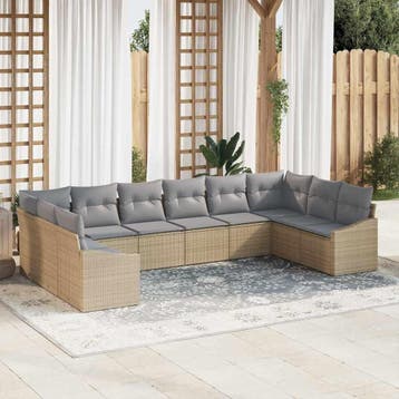 vidaXL Tuinbankenset 10 st Beige en Licht Grijs poly rattan, Verzenden, Nieuw, Rotan, Meer dan 8 zitplaatsen