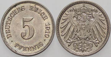 5 Pfennig 1910 E Kleinmunten-kaiserreich Grosser Adler, Verzenden
