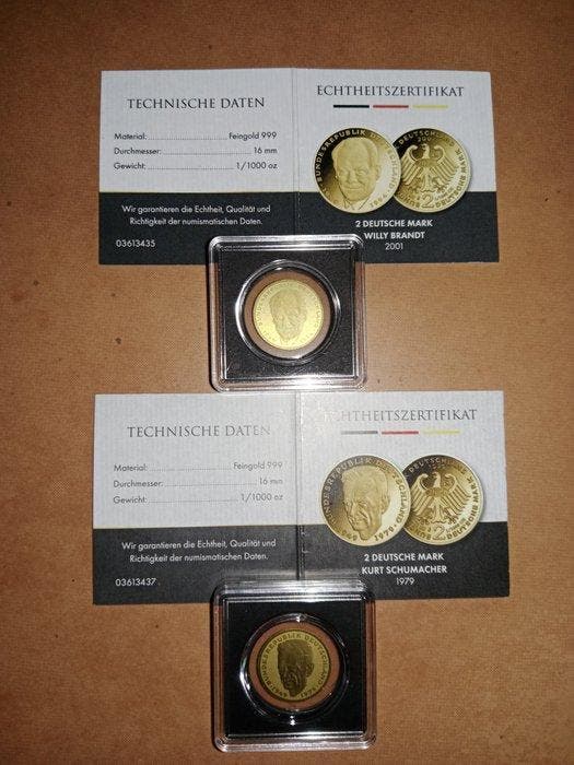 Duitsland. Lot von 2 x 1/1000 oz, 2 Deutsche Mark (Zonder, Postzegels en Munten, Munten | Europa | Niet-Euromunten