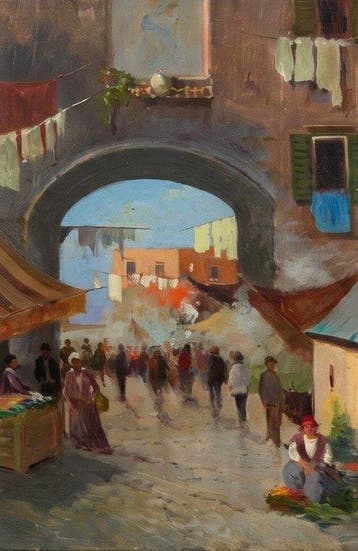 Scuola Napoletana (XIX-XX) - Scena di mercato a Napoli (con