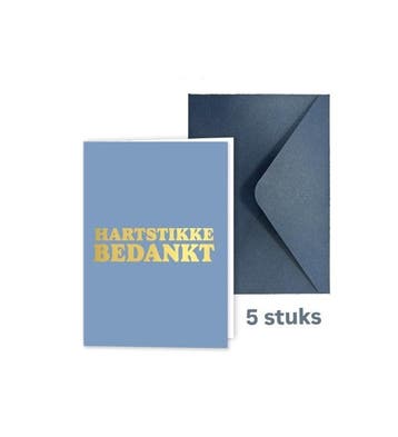 5 Gevouwen wenskaarten - Hartstikke Bedankt - goudfolie, Diversen, Ophalen of Verzenden, Nieuw
