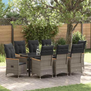 vidaXL Tuin eettafelset met kussen 9 pcs Grijs poly rattan, Verzenden, Nieuw, Rotan, Meer dan 8 zitplaatsen