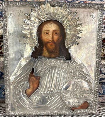 Icoon - Christus Pantokrator - Hout, Zilver, Antiek en Kunst