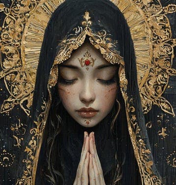 CREATIVE_HUB - Golden Madonna praying on wood style art
