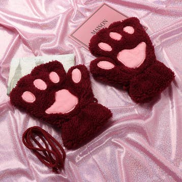 KIMU® Dierenpoot Vingerloze Handschoenen Donkerrood Pluche V, Ophalen of Verzenden, Nieuw, Feestartikel, Carnaval