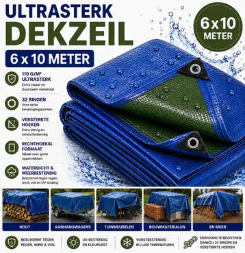 Dekzeil 6 x 10 m, 110 g/m² ultrasterk, 32 ringen, verster.., Verzenden, Nieuw