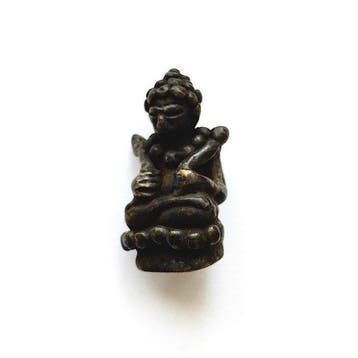 Oud-Indochinese Brons XS Zittende Boeddha op Troon met