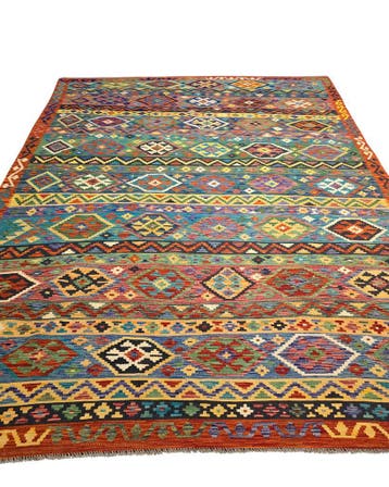 Groot Kelim tapijt Afghan perzisch 358x255 wollen vloerkleed, Blauw,  Perzisch tapijt kelim killim wollen vloerkleed handgeknoopt 