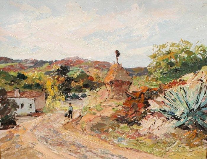 Ramón López Ramon (1905 - 1983) - Paisaje rural con figuras, Antiek en Kunst, Kunst | Schilderijen | Klassiek