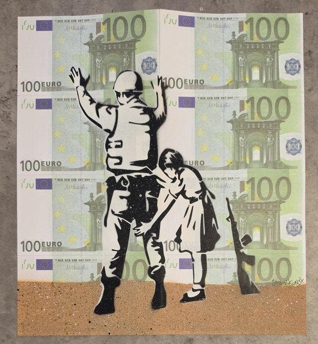 Jinks Kunst - Tribute to Banksy on 8 Iranian banknotes, Antiek en Kunst, Kunst | Designobjecten