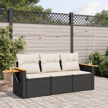 vidaXL 3-delige Loungeset met kussens poly rattan zwart, Verzenden, Nieuw, Loungeset