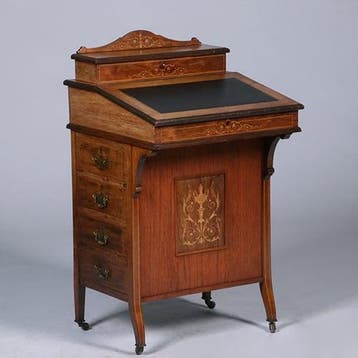 Engelse notenhouten davenport ca 1880 met blond inlegwerk en, Antiek en Kunst, Ophalen of Verzenden