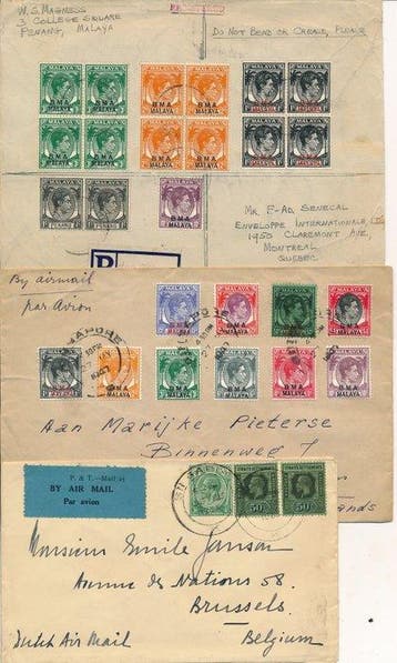Maleisië 1933/1949 - Drie brieven uit Malaya / Straits, Postzegels en Munten, Gestempeld