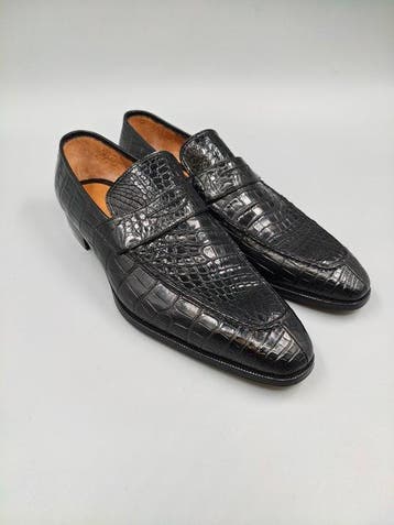 Enzo Bonafè Crocodile-UK9.5 Black Pennyloafers - Loafers -, Nieuw