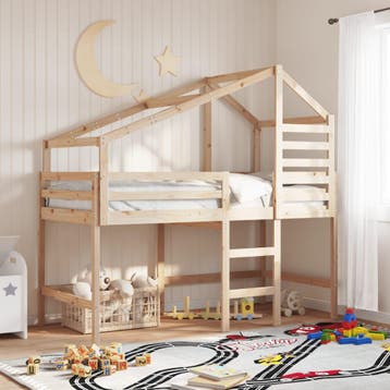 vidaXL Halfhoogslaper met ladder en bedhuis grenenhout, 90 cm, Eenpersoons, Bruin, Verzenden
