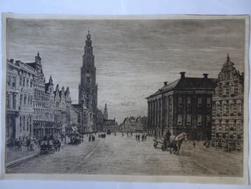 Ets zicht markt en Martinikerk te Groningen Dingemans 1920, Stadsgezicht, Origineel, 1900 - 1949, Verzenden