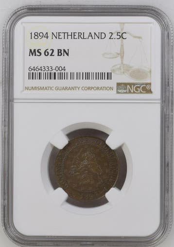 Koningin Wilhelmina 2 1/2 cent 1894 MS62 BN NGC (pop 2/ 4), Verzenden, Koningin Wilhelmina, Losse munt