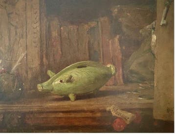 August Allebe (1838-1927) - Stilleven met groen spaarvarken, Antiek en Kunst