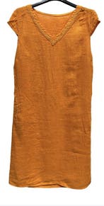 Linnen jurk - v-hals en broderie - kapmouwen - elastische, Nieuw