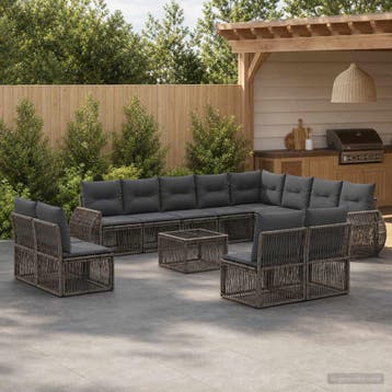 vidaXL Tuinbankenset 13 st Grijs en Donkergrijs poly rattan, Verzenden, Nieuw, 3 zitplaatsen