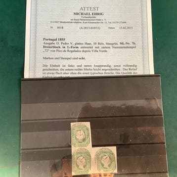 Portugal 1855 - 50 Reis D. Pedro V in blok van drie met, Gestempeld
