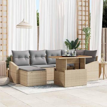 vidaXL Tuin Sofa Set 7 st Beige Poly riet, Verzenden, Nieuw, Rotan, 7 zitplaatsen