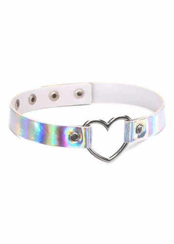 KIMU® Choker Iridescent Zilver Iridescent Hartje Holografisc, Sieraden, Tassen en Uiterlijk, Kettingen, Kunststof, Verstelbaar