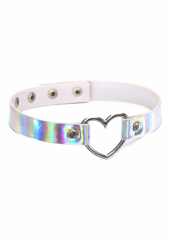 KIMU® Choker Iridescent Zilver Iridescent Hartje Holografisc, Sieraden, Tassen en Uiterlijk, Kettingen, Zilver, Nieuw, Verstelbaar
