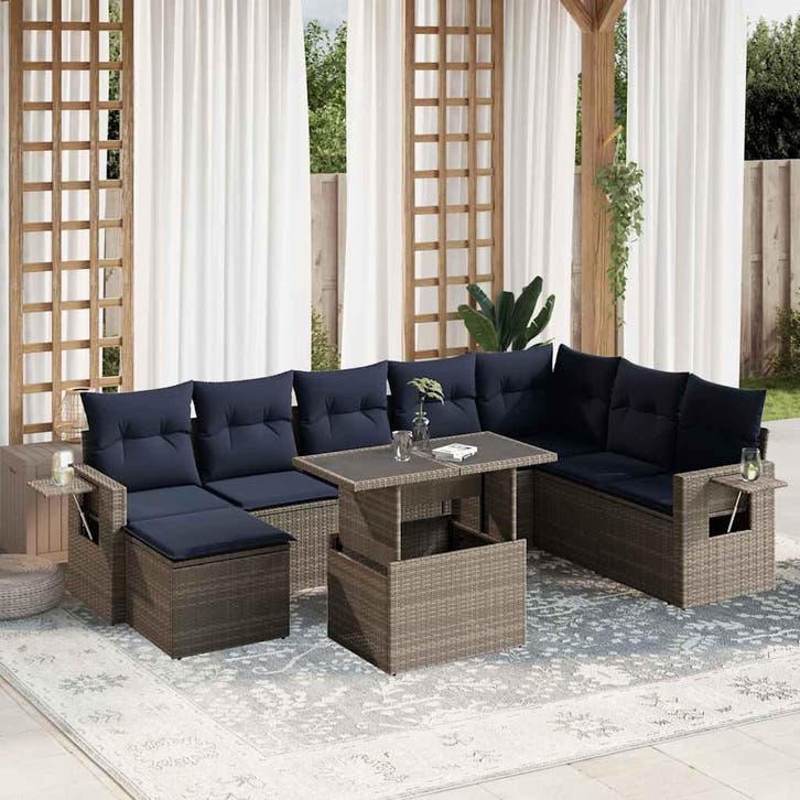 vidaXL 9-delige tuinbankset met kussens, grijs polyrotan, Tuin en Terras, Tuinsets en Loungesets, Nieuw, Verzenden