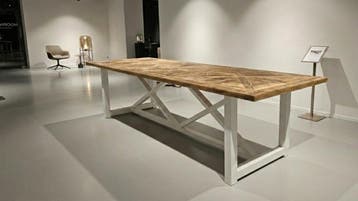 Maatwerk landelijke XL eettafel in RM kasteelvloer motief, Riviera Maison Landelijk, 100 tot 150 cm, Ophalen of Verzenden, Vijf personen of meer