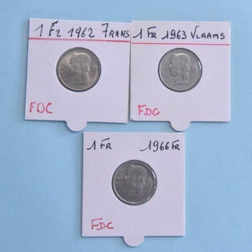 België. 1 Franc 1962 en 1966 Frans 1963 Vlaams 3 X FDC, Postzegels en Munten