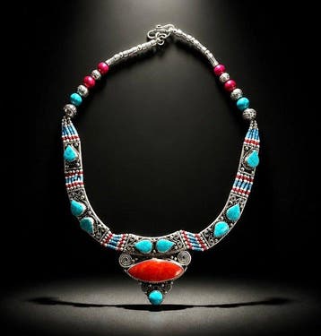 turkoois - koraal - vintage Tibetaans zilver - Halsketting