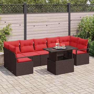 vidaXL Tuin Sofa Set met kussen 8 pcs Bruin en Rood poly, Verzenden, Nieuw, Rotan, 8 zitplaatsen