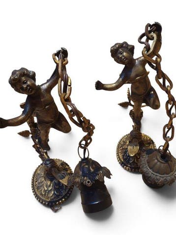Beeldje - Paar antieke wandlampen met putti/cherubijnen (2)