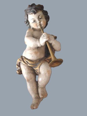 Snijwerk, Holzfigur - farbiger Engel mit Trompete -