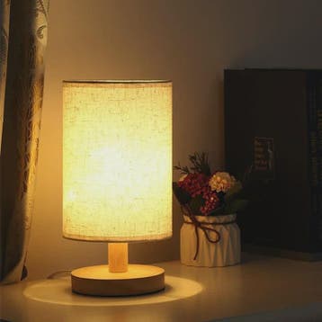 Sfeervolle LED Tafellamp met Houten Basis & Stoffen Kap - Di, Huis en Inrichting, Verzenden, Nieuw