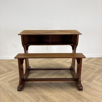 Vintage houten schoolbank (hxbxd) 95x114.5x85 cm, Gebruikt, Hout, Bruin, Ophalen of Verzenden