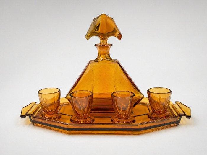 Drinkservies - Glas - karaf, 4 glazen, dienblad, Antiek en Kunst, Kunst | Designobjecten