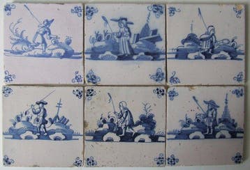 Tegel (6) - 6 stuks Herdertegels. - 1700-1750