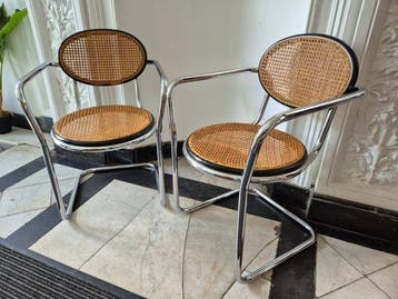Design Freischwinger Stuhl Set – Wiener Geflecht & Chrom im