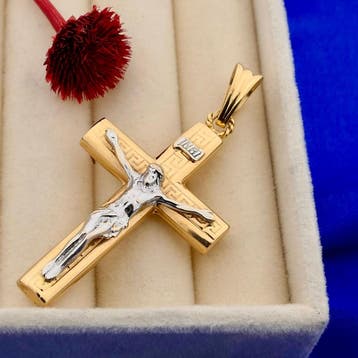 Bicolor gouden hanger van een kruis met corpus, Ophalen of Verzenden, Gebruikt, Goud, Overige merken
