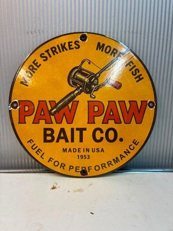Paw Paw Bait Co. – Rond Emaille Reclamebord – Hengelsport -
