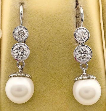 Oorbellen - 18 karaat Witgoud Diamant (Natuurlijk) - Parel, Sieraden, Tassen en Uiterlijk, Oorbellen, Nieuw